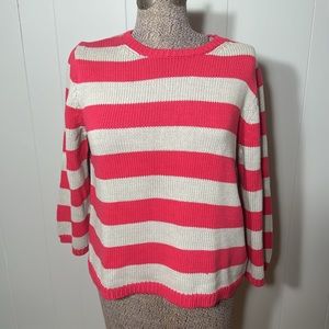 Liz Claiborne Womens XL Pink and Tan Knit Sweater Stripes Crew Neck
